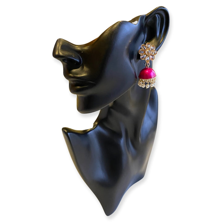 Flora Enamel, Stone & Pearls Small Jhumka Earrings - Pink