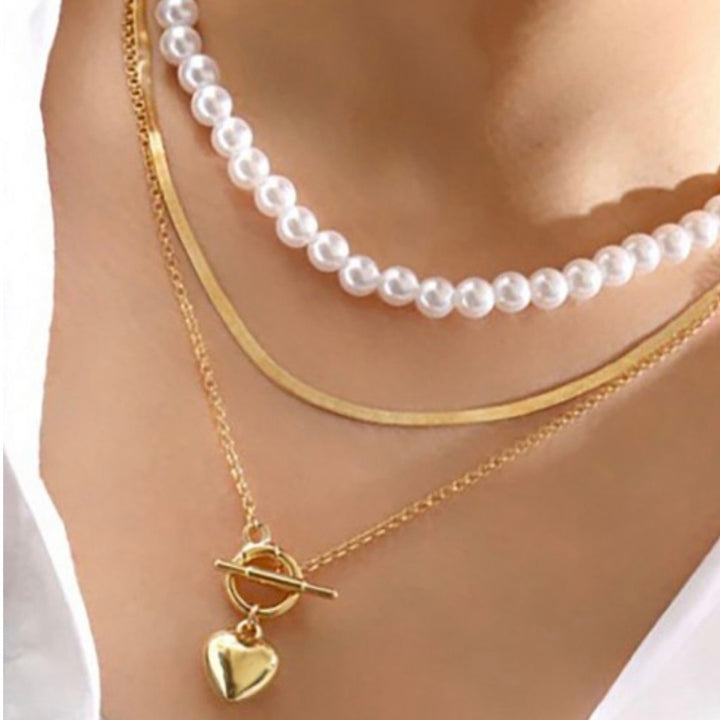 Vintage Heart Link and Pearl Layered Necklace