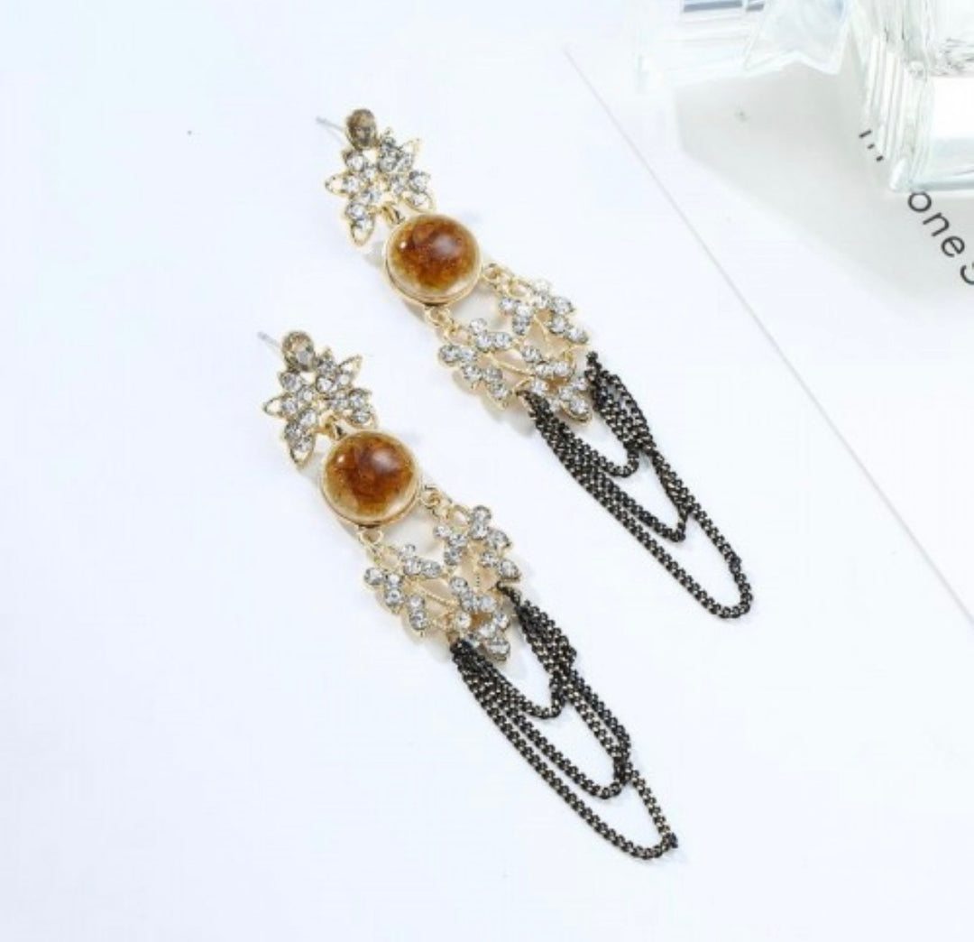 Serena Vintage Stone and Chain Earrings Brown