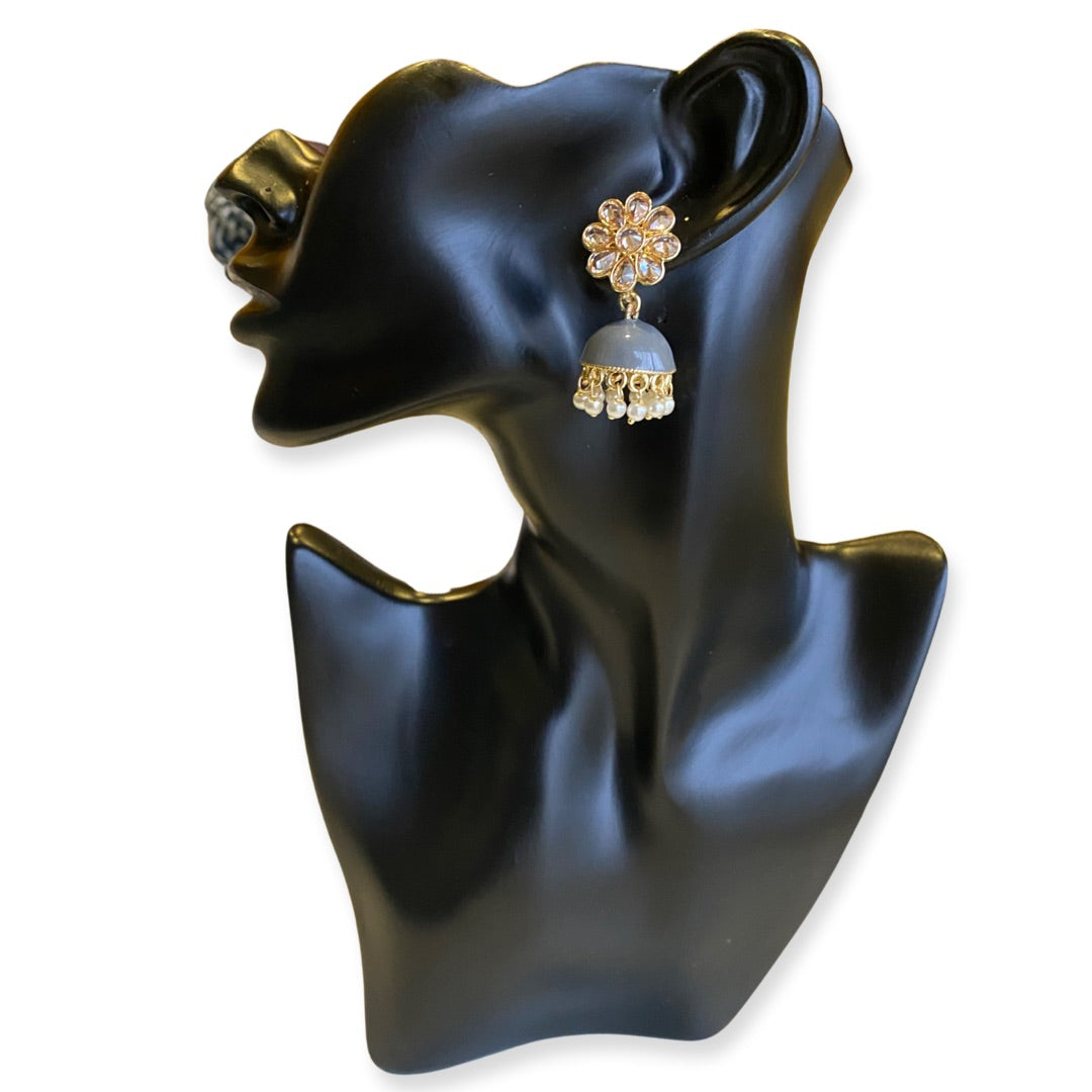 Flora Enamel, Stone & Pearls Small Jhumka Earrings - Grey