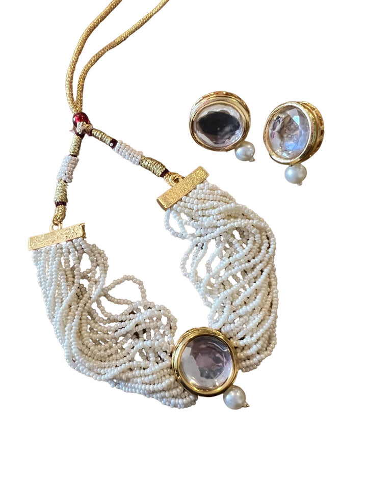 Kundan & White Pearl Choker Necklace Set