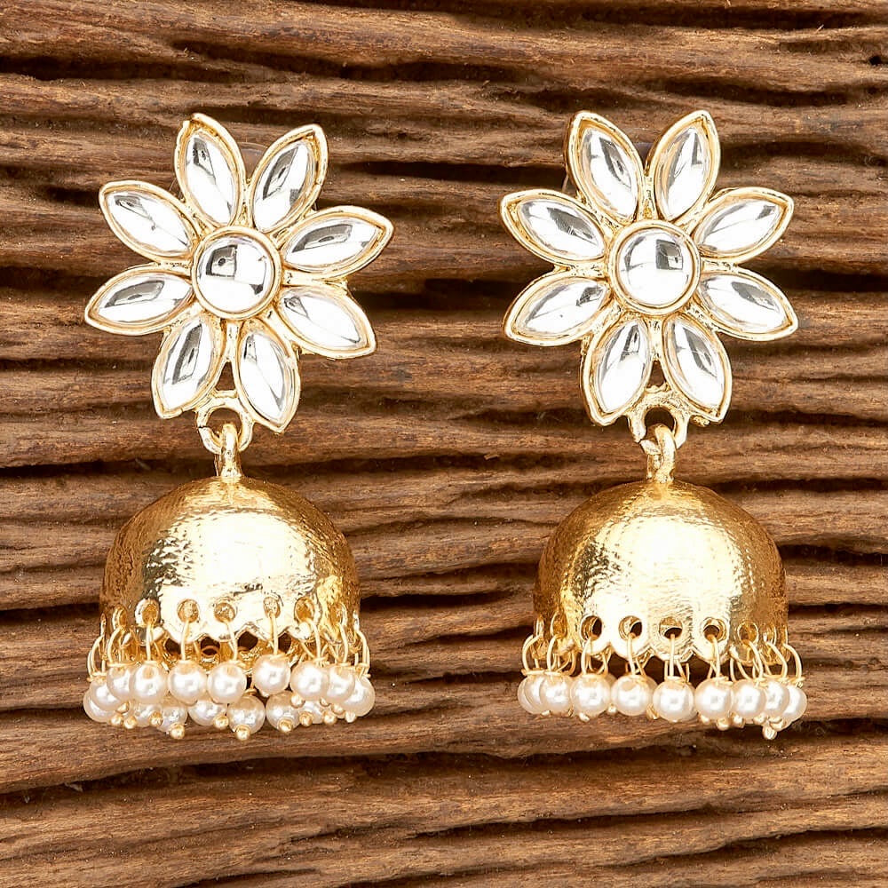 Stone Flower & Pearls Small Jhumka Earrings - White