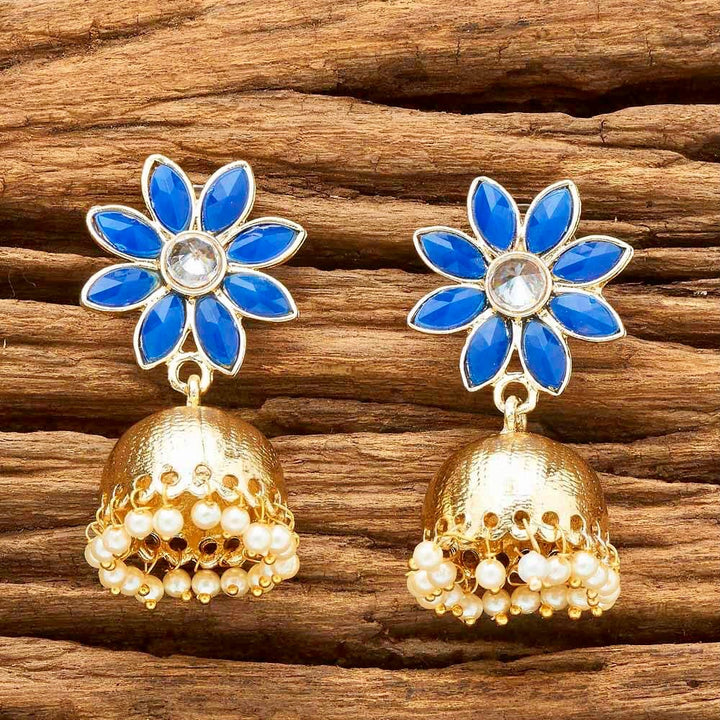 Stone Flower & Pearls Small Jhumka Earrings - Dark Blue