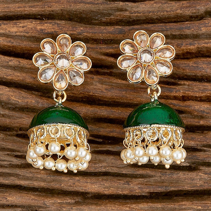 Flora Enamel, Stone & Pearls Small Jhumka Earrings - Green