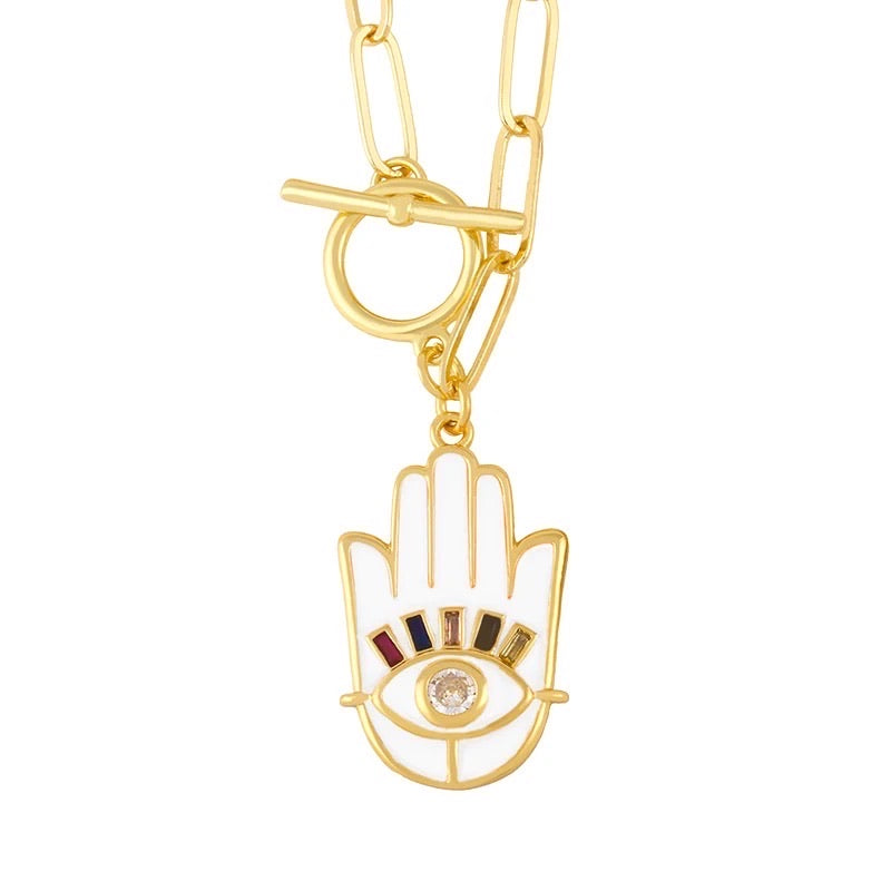 Hamsa Evil Eye Soul Link Necklace White