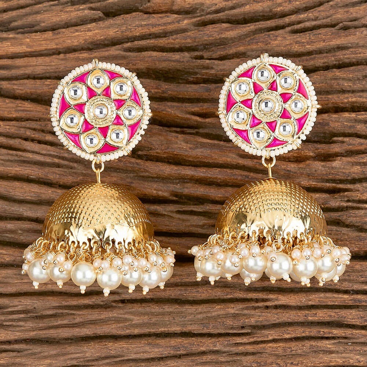 Chakra Enamel, Kundan & Pearl Jhumka Earrings - Pink