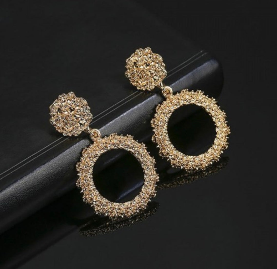 Textured Circle Dangler Drop Earrings Gold