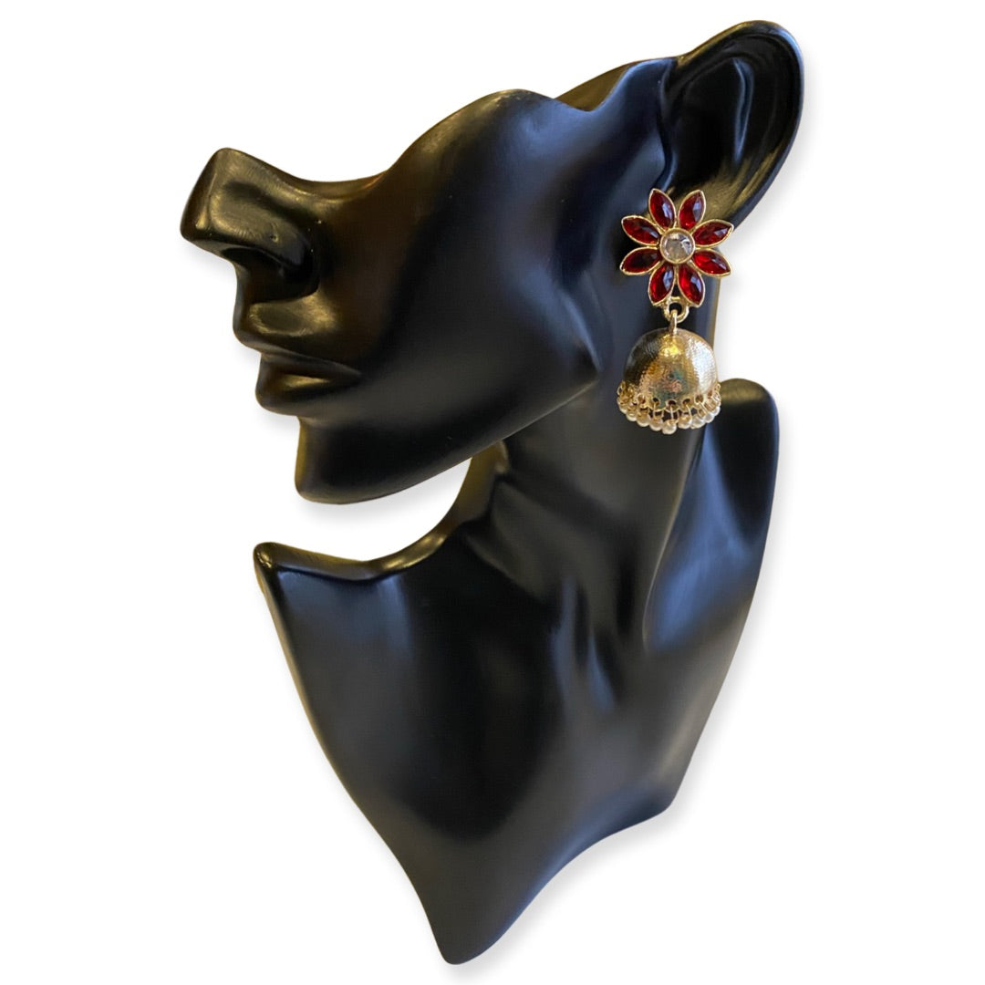 Stone Flower & Pearls Small Jhumka Earrings - Red