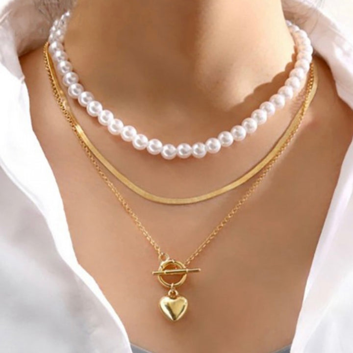 Vintage Heart Link and Pearl Layered Necklace
