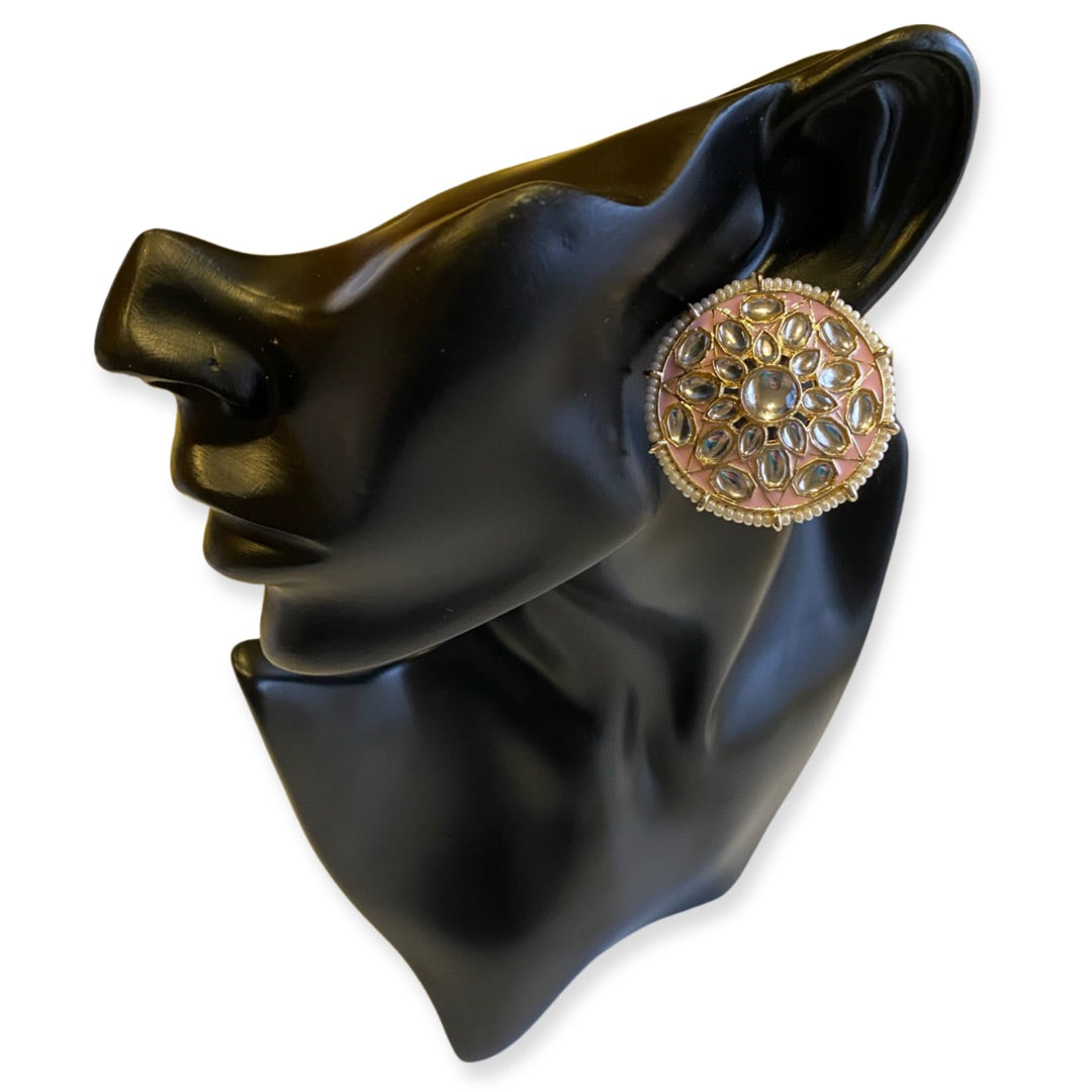 Chakra Enamel, Kundan & Pearl Stud Earrings - Light Pink