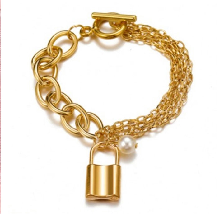 Lock and Pearl Chunky Duo Link Bracelet