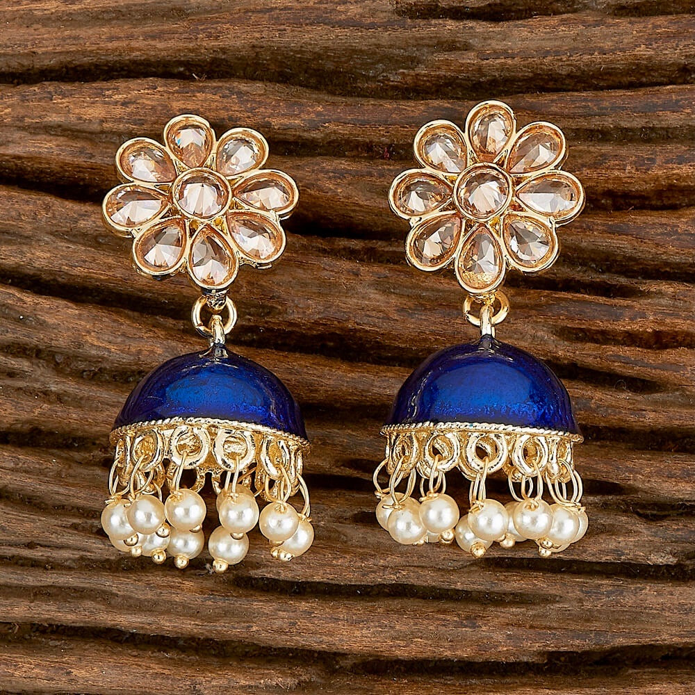 Flora Enamel, Stone & Pearls Small Jhumka Earrings - Blue