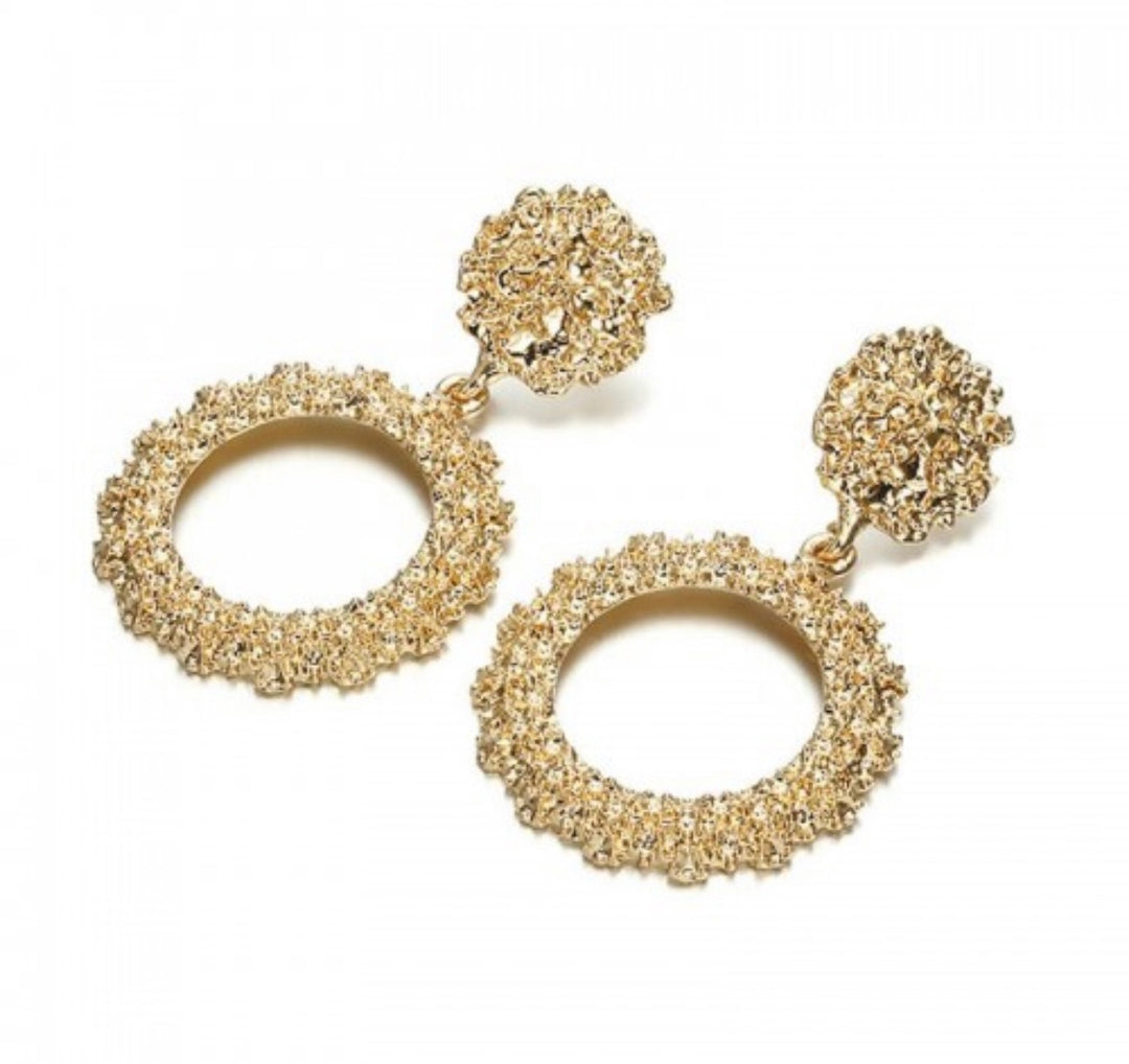 Textured Circle Dangler Drop Earrings Gold