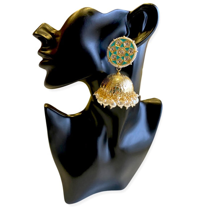 Chakra Enamel, Kundan & Pearl Jhumka Earrings - Turquoise