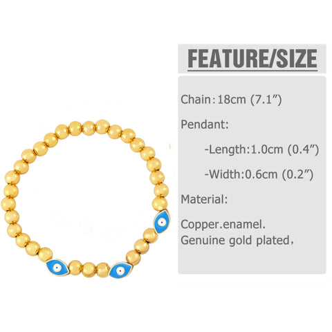 Destiny Gold Beads And Stone Evil Eye Stretch Bracelet Aqua Blue