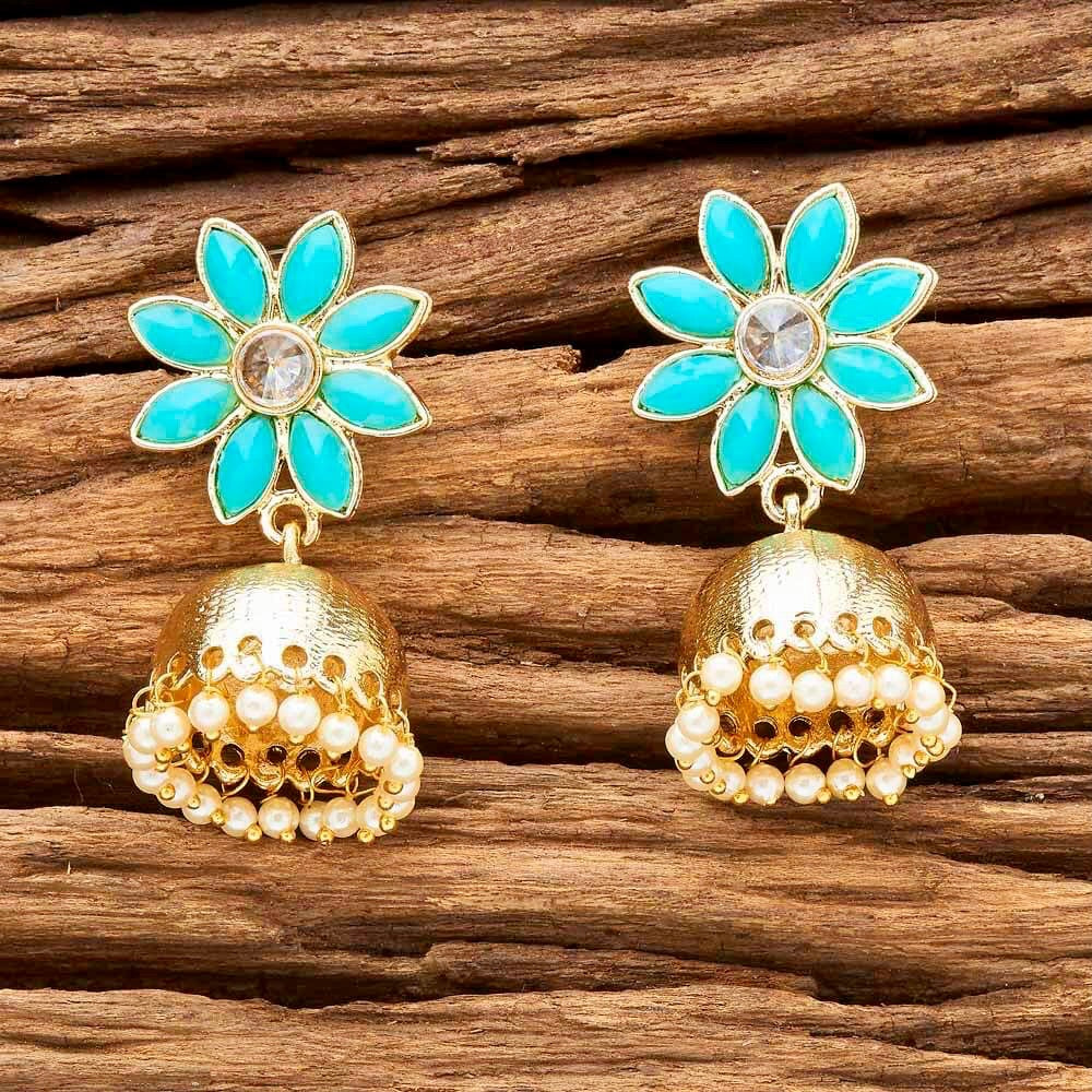 Stone Flower & Pearls Small Jhumka Earrings - Turquoise