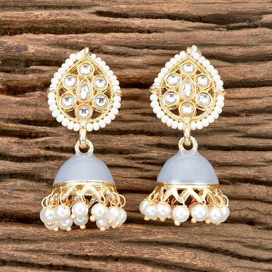 Paan Enamel, Kundan & Pearl Jhumka Earrings - Grey