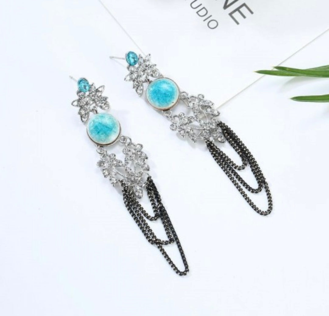 Serena Vintage Stone and Chain Earrings Blue