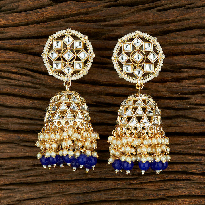 Nakshatra Kundan & Beads Large Jhumka Earrings - Blue