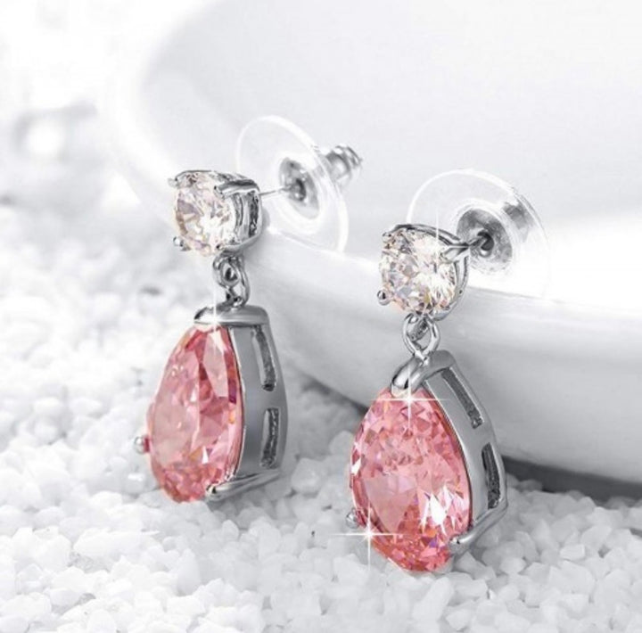 Vintage Tear Drop Stone Earrings Pink