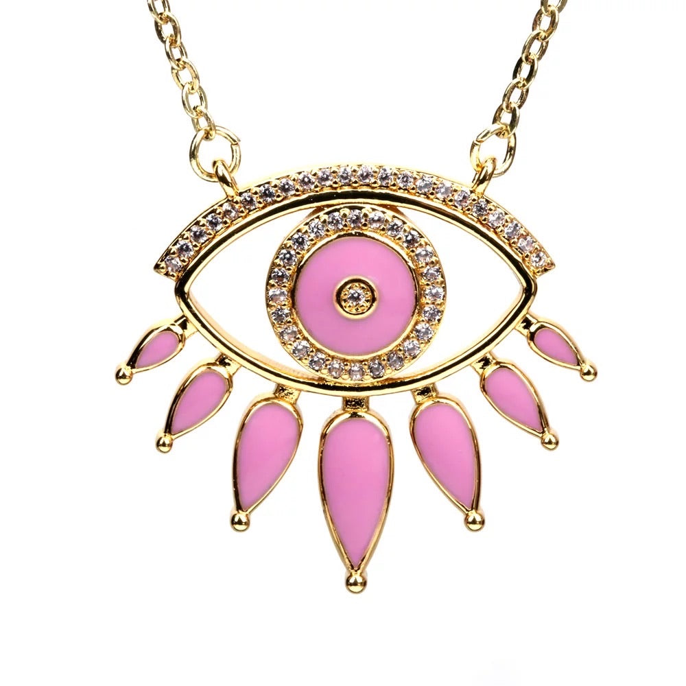 Petra Pink Evil Eye Enamel And Stone Pendant Chain Necklace
