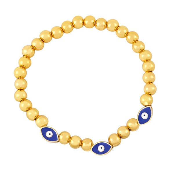 Destiny Gold Beads And Stone Evil Eye Stretch Bracelet Dark Blue