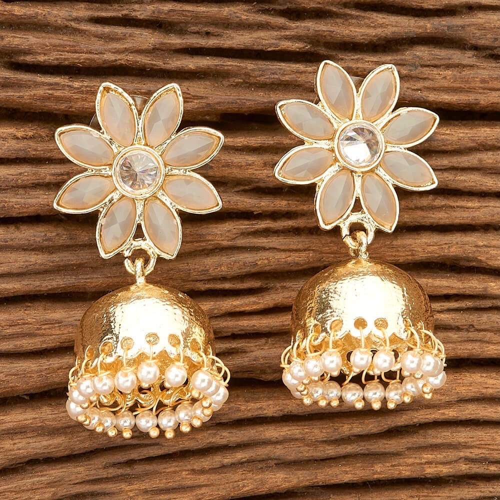 Stone Flower & Pearls Small Jhumka Earrings - Beige