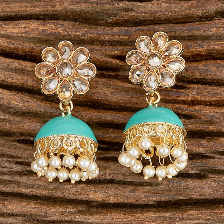 Flora Enamel, Stone & Pearls Small Jhumka Earrings - Turquoise