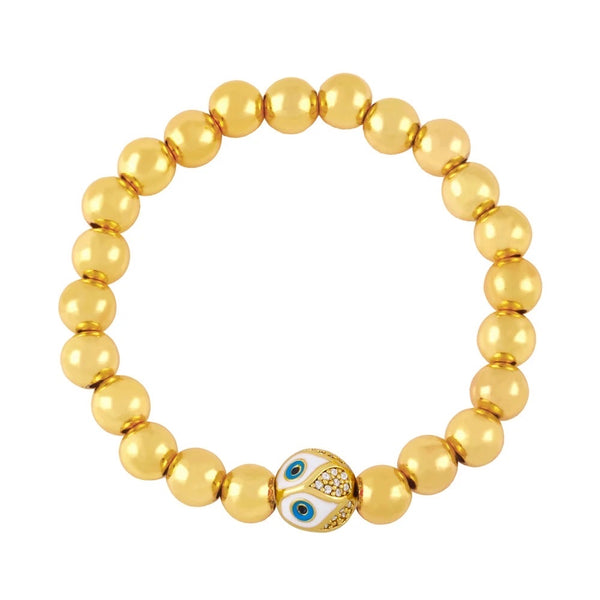 Positivity Gold Beads, Enamel and Stone Evil Eye Stretch Bracelet White