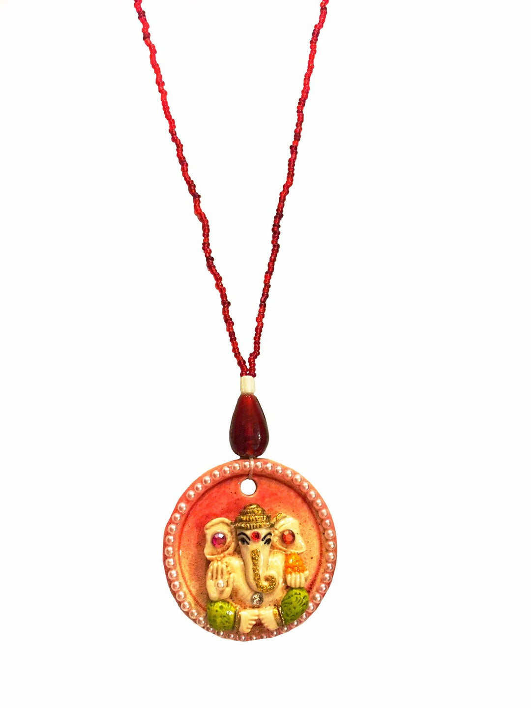Ganesha Engraved Pendant Necklace - Red