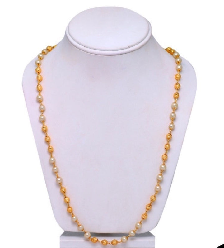 Gold Bead & Pearl Long Chain Necklace
