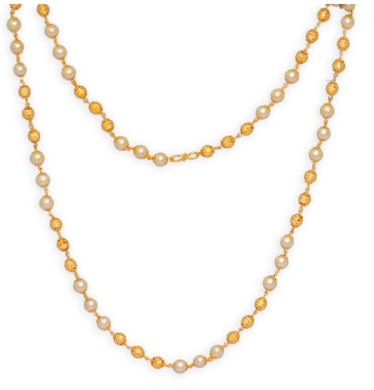 Gold Bead & Pearl Long Chain Necklace