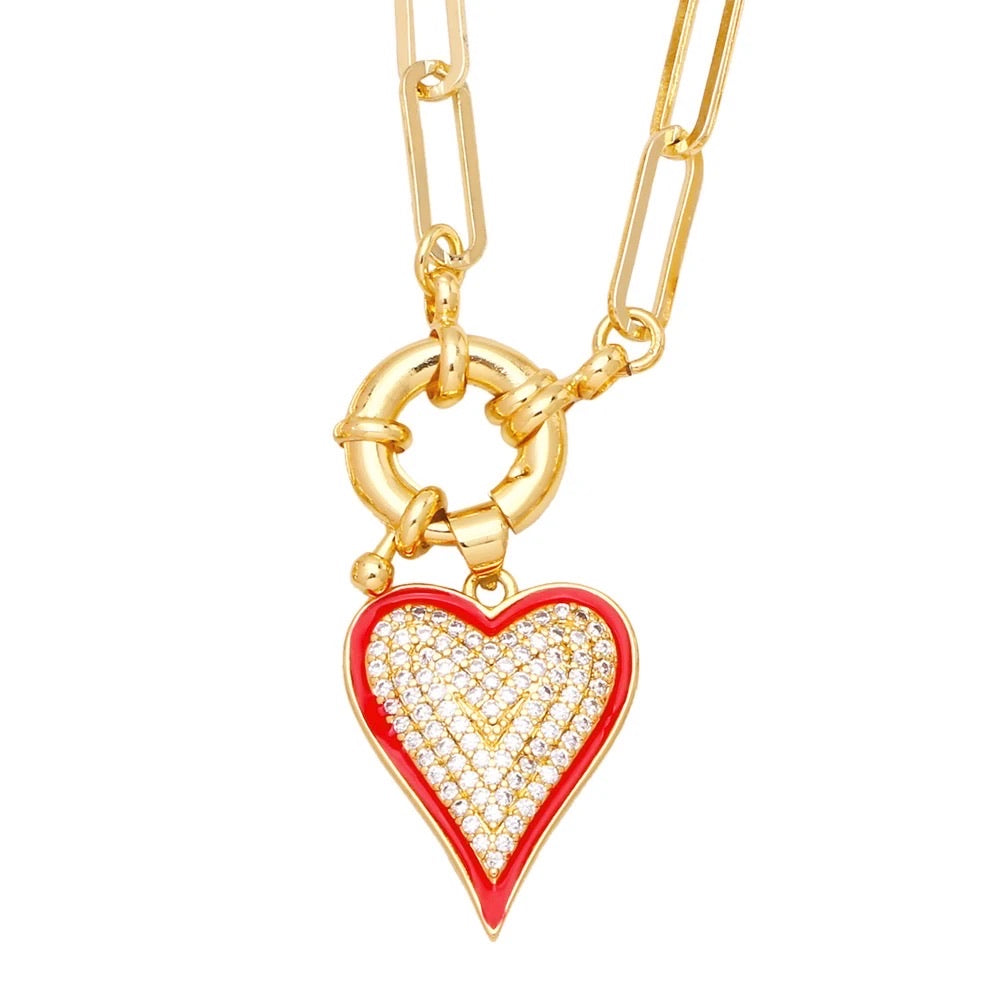 Enamel Heart Of Stone Link Chain Pendant Necklace