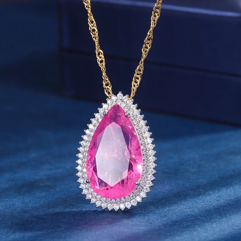 Tear Drop Pink Sapphire & Cubic Zircon Pendant Chain Necklace