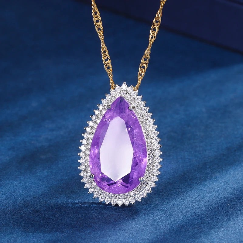 Tear Drop Purple Sapphire & Cubic Zircon Pendant Chain Necklace