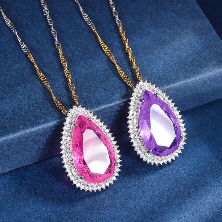 Tear Drop Purple Sapphire & Cubic Zircon Pendant Chain Necklace