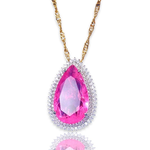Tear Drop Pink Sapphire & Cubic Zircon Pendant Chain Necklace