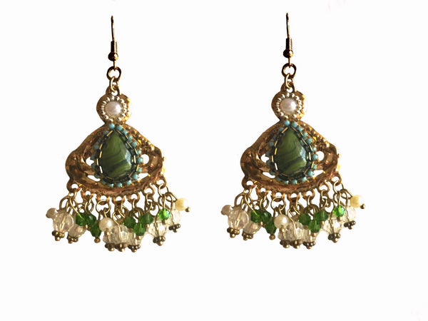 Mystique Green & Matte Gold Dangler Earrings