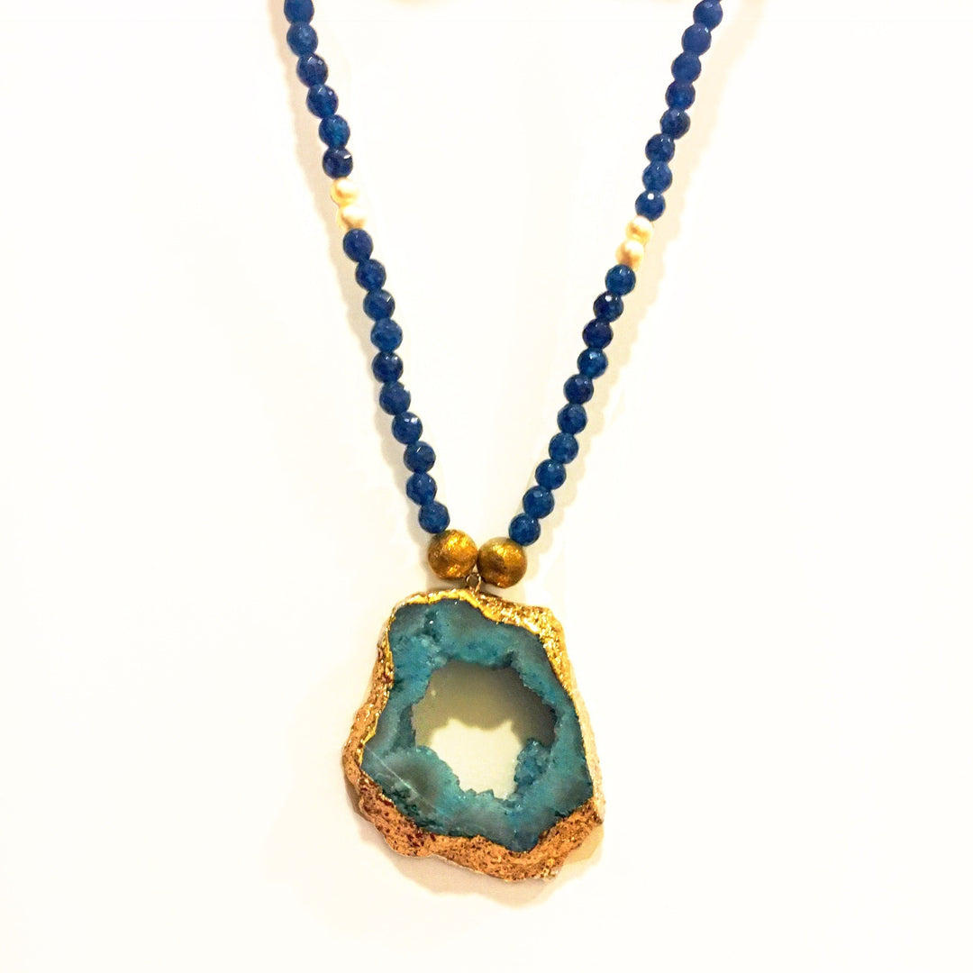 Natural Stone Metallic Necklace - Blue