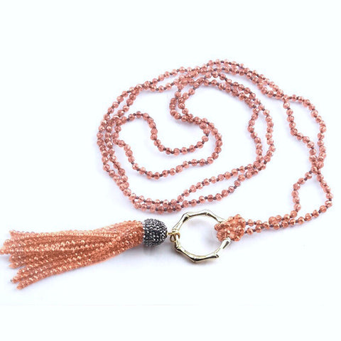 Bamboo Circle Crystal Tassel Necklace - Nude