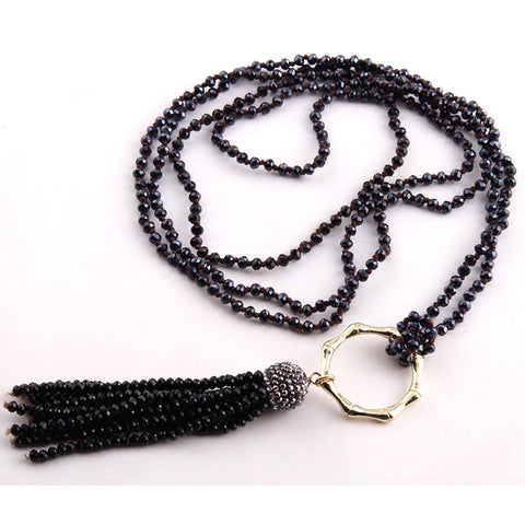 Bamboo Circle Crystal Tassel Necklace - Black