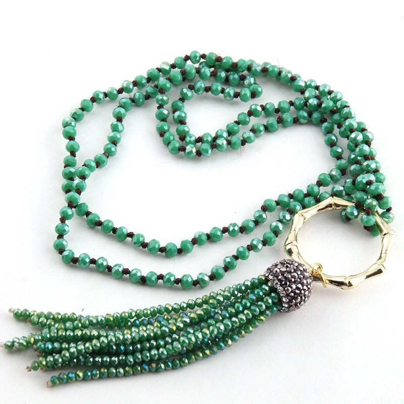 Bamboo Circle Crystal Tassel Necklace - Green