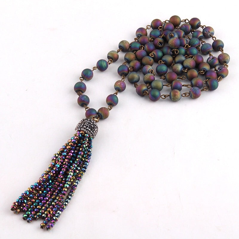Natural Stone & Beaded Tassel Necklace - Multicolour